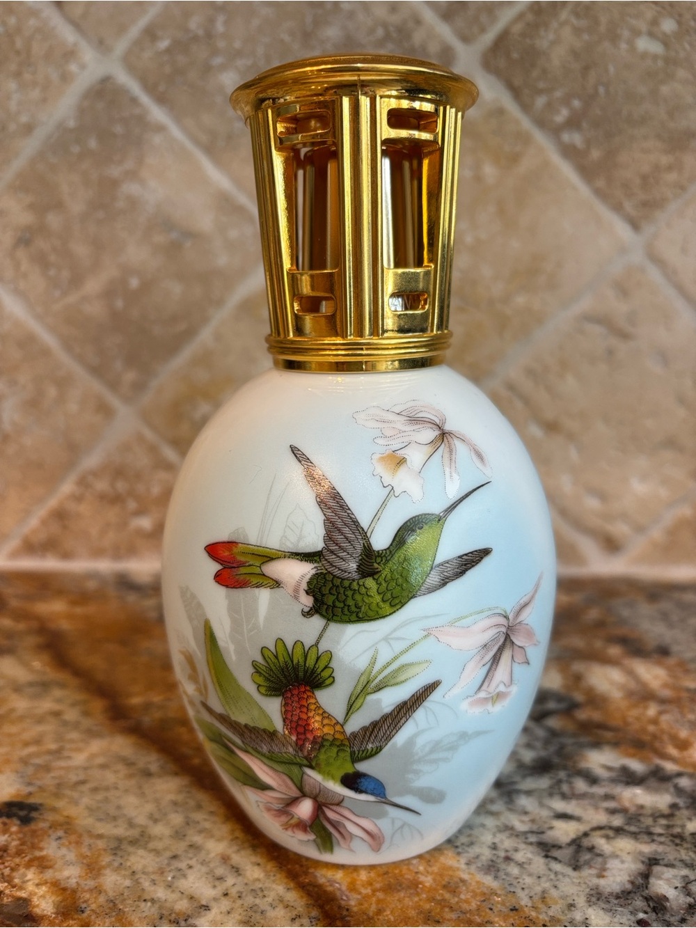 Vintage Lampe Berger Limoges Porcelain Air Purifing Lamp with Hummingbirds